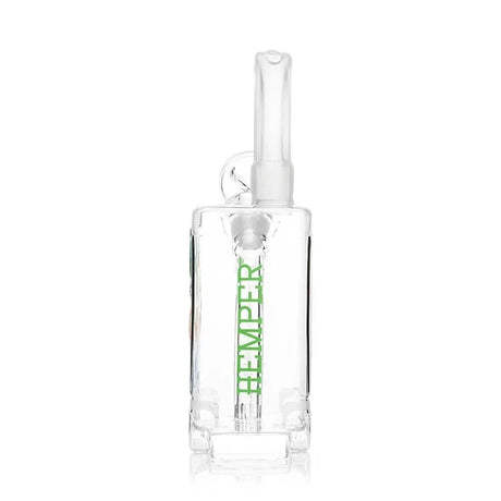 Narrow side view of the HEMPER Suitcase Medium Bong with green branding and a handle-shaped mouthpiece