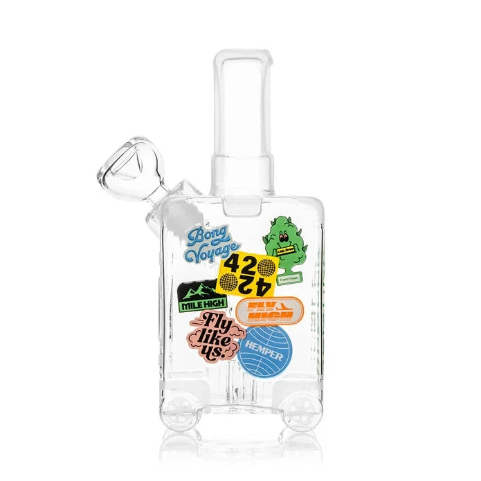 Front view of the HEMPER Suitcase Medium Bong with colorful travel graphics and a handle-shaped mouthpiece