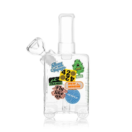 Front view of the HEMPER Suitcase Medium Bong with colorful travel graphics and a handle-shaped mouthpiece