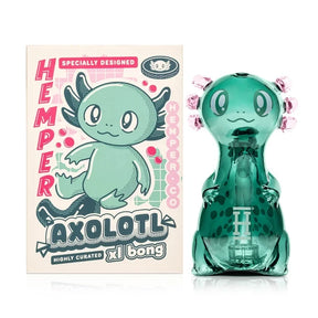 HEMPER Axolotl XL Glass Bong with a translucent green body and pink gills beside its illustrated box