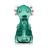 Front view of the green HEMPER Axolotl XL Bong with a smiling face, pink gills, and sculpted feet