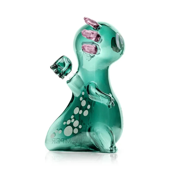 Side view of the green HEMPER Axolotl XL Bong showing its spotted tail and matching axolotl-shaped bowl