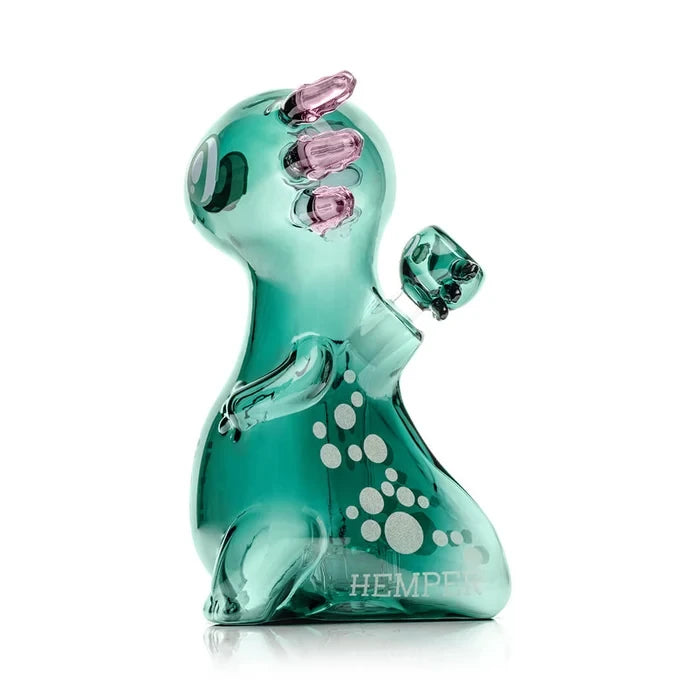 Angled rear view of the HEMPER Axolotl XL Bong showing its green glass body, spotted tail, and bowl