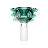 Green axolotl-shaped glass bowl with a smiling face, sculpted side gills, and frosted male joint