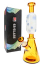 Amber 6B Glass beaker bong with frosted leaf neck artwork, glass bowl, and branded box