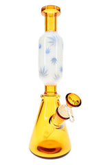 11″ amber glass beaker bong with tall leaf-print neck, flared base, and angled bowl