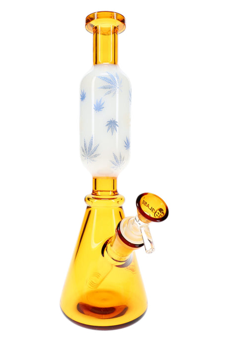 11″ amber glass beaker bong with tall leaf-print neck, flared base, and angled bowl