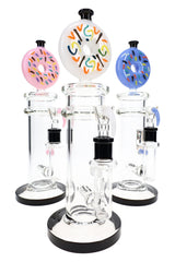 6B Glass donut glass bong with inline perc, black base, sprinkle topper, and assorted colors