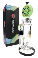 Green donut inline perc glass bong with black accents, 14.5 mm bowl, and 6B Glass box