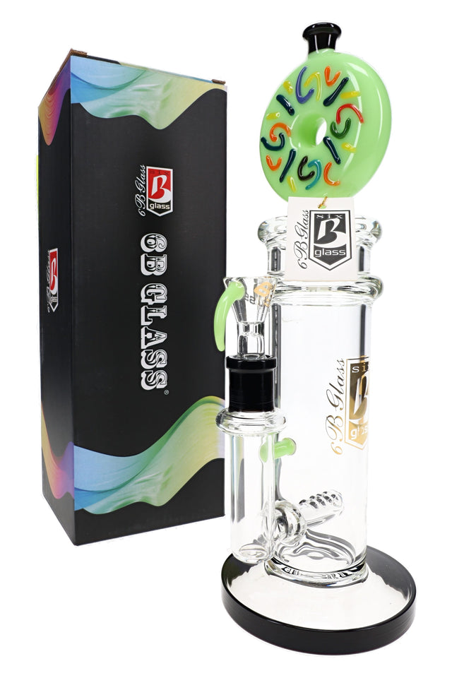 Green donut inline perc glass bong with black accents, 14.5 mm bowl, and 6B Glass box