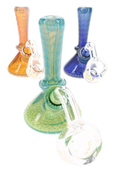 Assorted 3½″ mini beaker dab rigs in orange, teal, and blue with matching quartz bangers