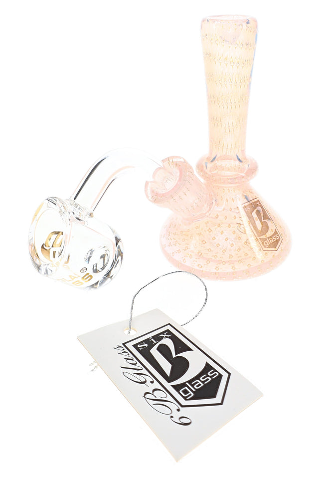Pink 6B Glass mini beaker dab rig with silver fumed bubbles, 10 mm quartz banger, and hang tag