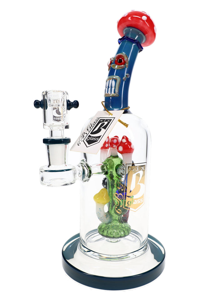 10″ 6B Glass mushroom monster bong with blue fumed neck, red cap mouthpiece, and mushroom perc