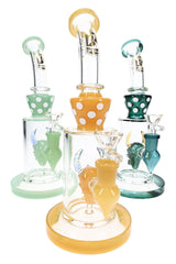 Assorted 6B Glass devil perc bong with polka dot accents, bent necks, and colorful bases