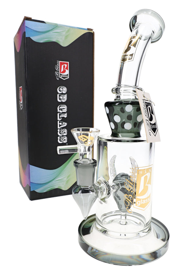 6B Glass devil perc bong in dark gray accents with matching bowl, bent neck, and retail box