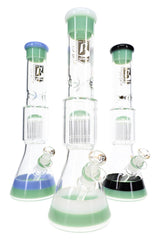 Assorted 6B Glass beaker bong trio with 10-arm tree percs, ice pinches, and color accents