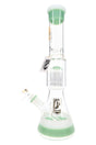 6B Glass 14.5″ beaker bong with mint accents, tree perc chamber, ice pinch, and glass bowl