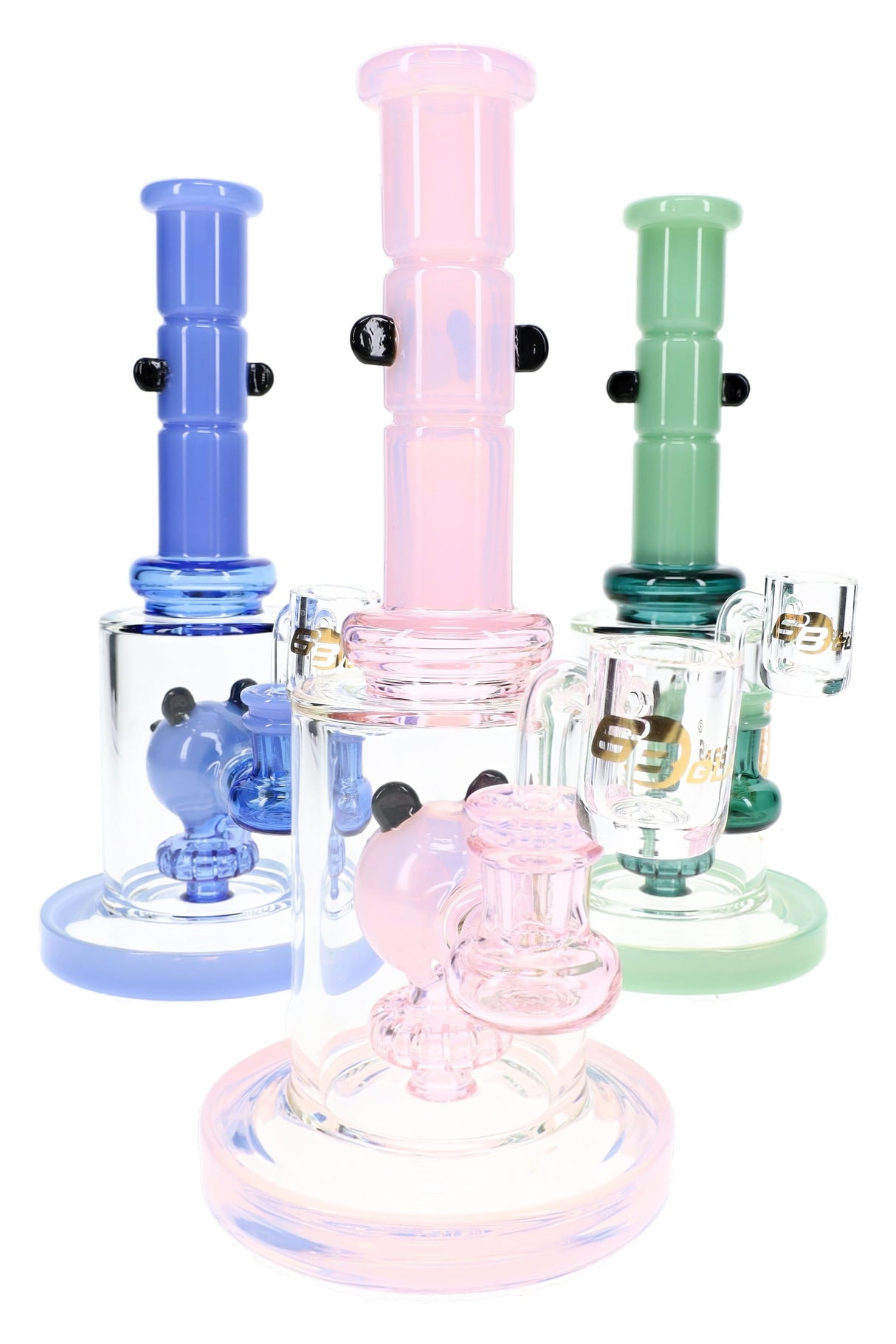 Assorted 6B Glass panda dab rigs with showerhead percs, bangers, and pastel accent colors