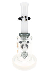 White 6B Glass panda dab rig with black ears, showerhead perc, and straight shooter neck