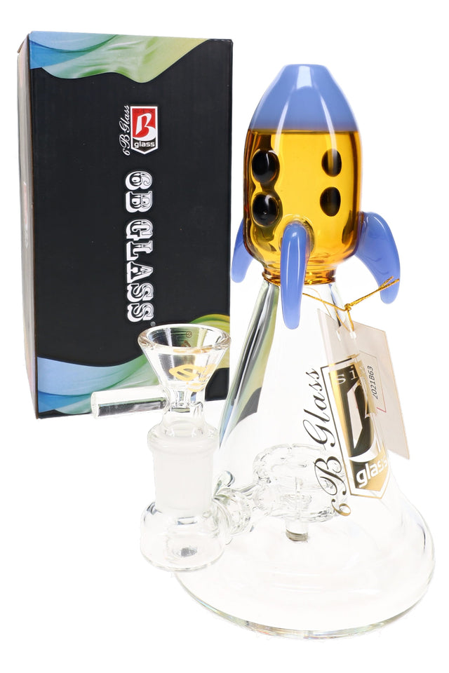 6B Glass rocket ship beaker bong with amber and blue rocket accent, showerhead perc, and box