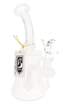 White frosted 6B Glass bong with etched floral body, clear bowl, and compact showerhead perc