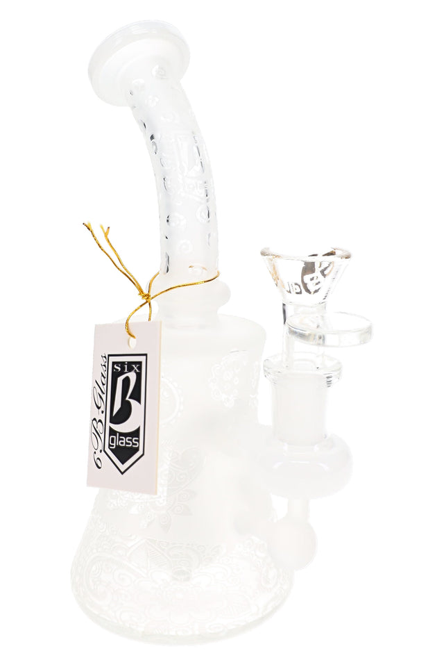 White frosted 6B Glass bong with etched floral body, clear bowl, and compact showerhead perc
