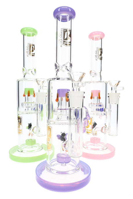 Assorted bee glass bongs with green, purple, and pink accents, straight tubes, and clear bowls