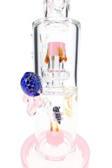 Close-up of pink bee glass bong showing honey-drip perc, jellyfish accent, and bee decoration