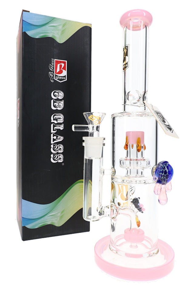 Pink 12″ bee glass bong with double showerhead percs, matching bowl, and branded 6B Glass box