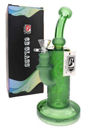 Green frosted floral glass bong with showerhead perc, bent neck, clear bowl, and 6B Glass box