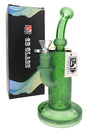 Green frosted floral glass bong with showerhead perc, bent neck, clear bowl, and 6B Glass box