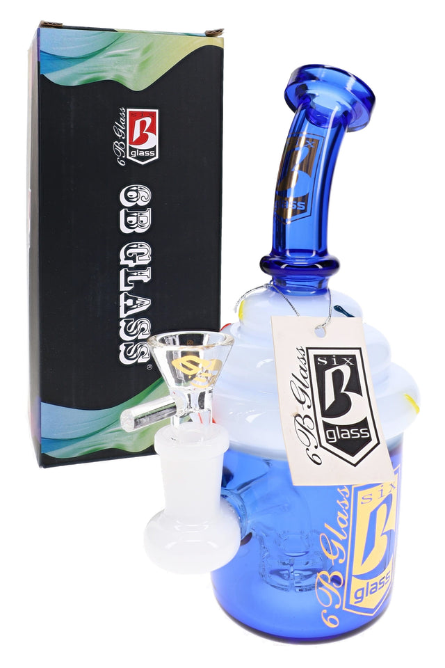 Blue 6B Glass cupcake bong with white frosting chamber, showerhead perc, clear bowl, and box