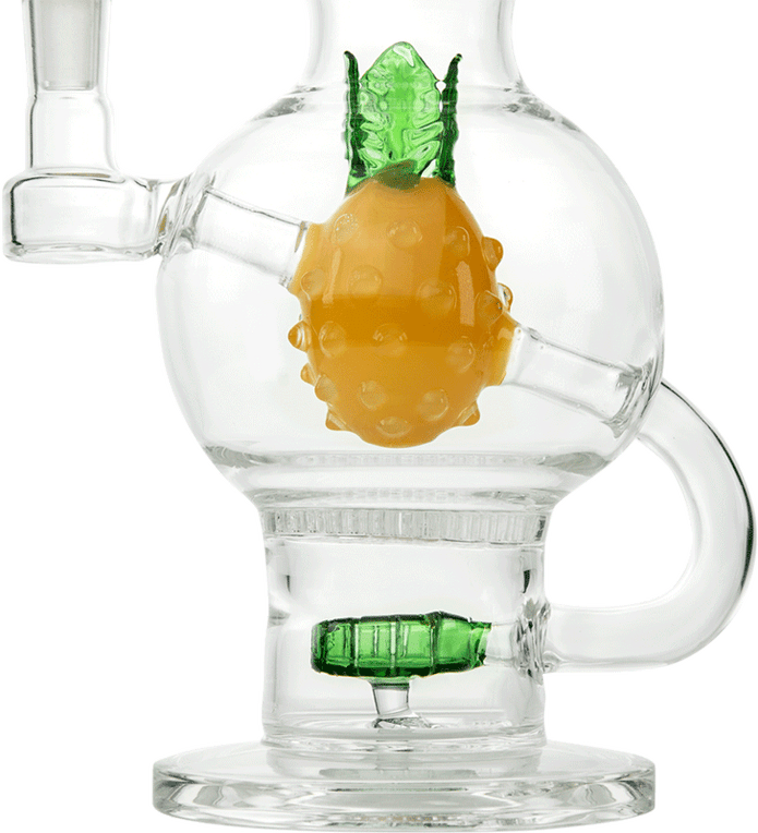 Close-up of the HEMPER Pineapple XL Bong showing its yellow pineapple splash guard and green lower percolator