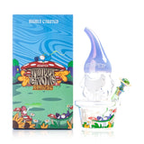 Hemper Trippy Gnome XL bong with an iridescent blue hat and illustrated flower-pot base beside its retail box
