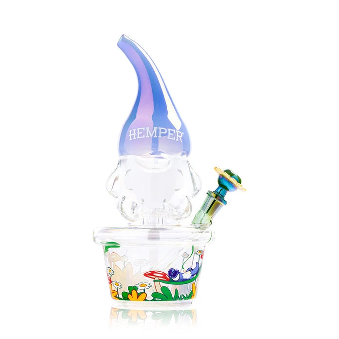 Front angle of the Trippy Gnome XL bong showing its blue hat, white beard and colorful garden artwork