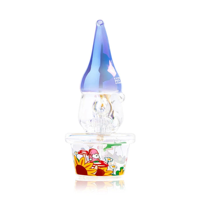 Rear angle of the Trippy Gnome XL bong with an iridescent blue hat and pink gnome artwork on the base