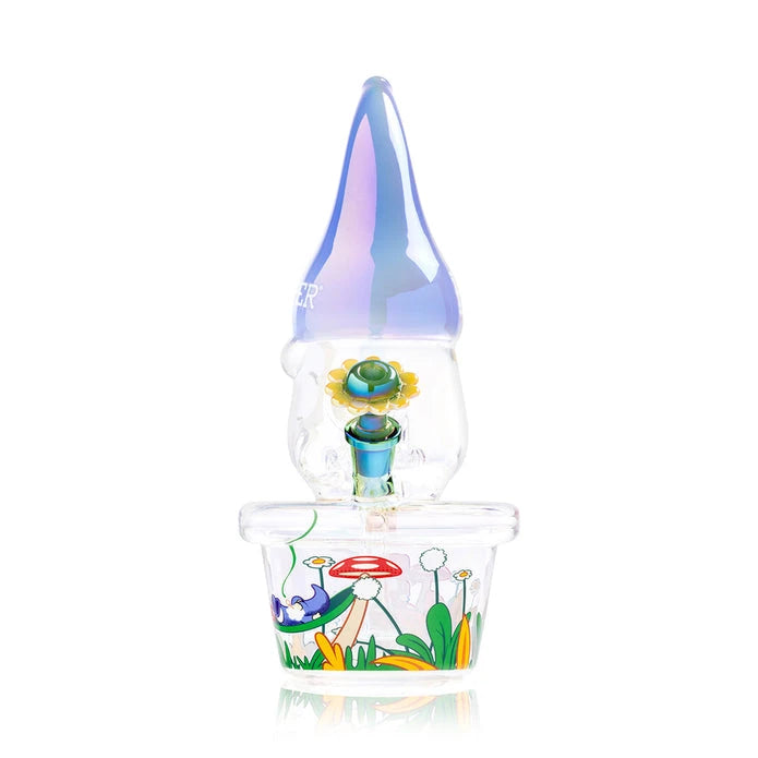 Bowl-facing view of the Trippy Gnome XL bong highlighting its flower-shaped bowl and illustrated pot base