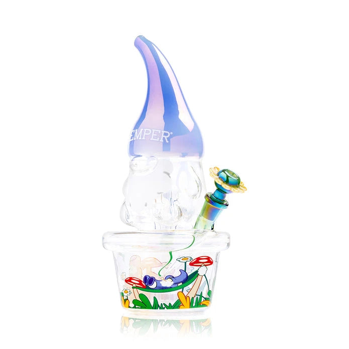 Three-quarter view of the Trippy Gnome XL bong with a blue hat, daisy bowl and reclining gnome illustration