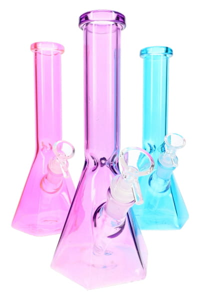 Three assorted colored glass bong options with hexagon beaker bases, clear bowls, and tall necks