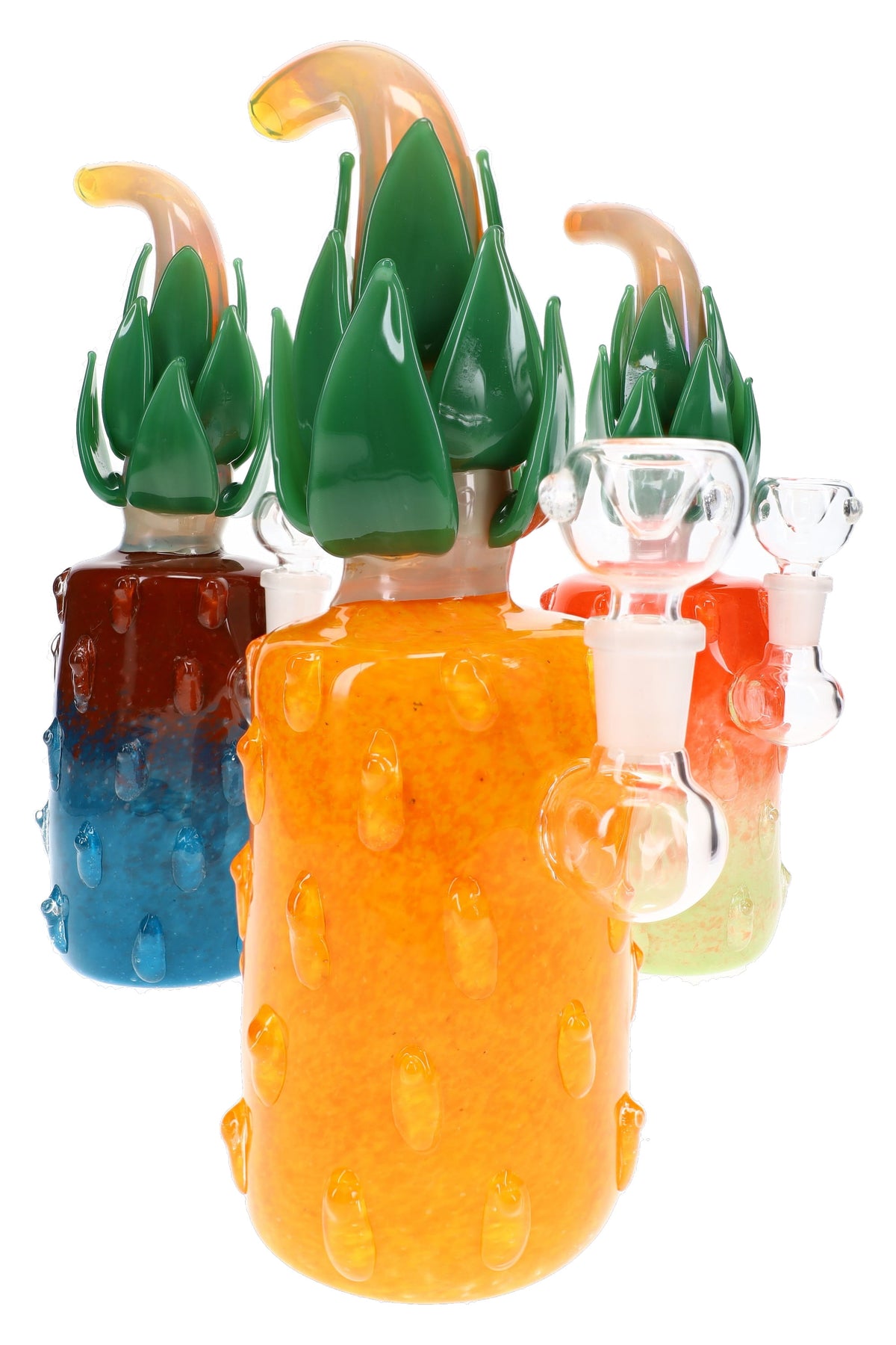 Assorted 10½″ pineapple glass bongs with green leaf tops, clear bowls, curved stems, and multicolor frit bodies