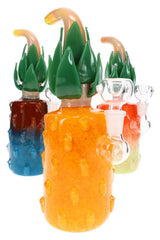 Assorted 10½″ pineapple glass bongs with green leaf tops, clear bowls, curved stems, and multicolor frit bodies