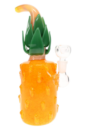 Orange pineapple glass bong with green leaf crown, curved silver-fumed stem, clear 14.5 mm bowl, and raised texture