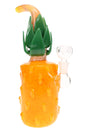 Orange pineapple glass bong with green leaf crown, curved silver-fumed stem, clear 14.5 mm bowl, and raised texture