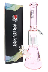 Pink 6B Glass beaker bong beside retail box with clear bowl, tree perc, and 13.5 inch profile
