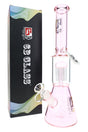 Pink 6B Glass beaker bong beside retail box with clear bowl, tree perc, and 13.5 inch profile