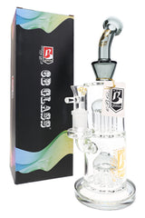 Smoke 6B Glass double tree perc straight bong beside retail box with clear bowl and curved neck