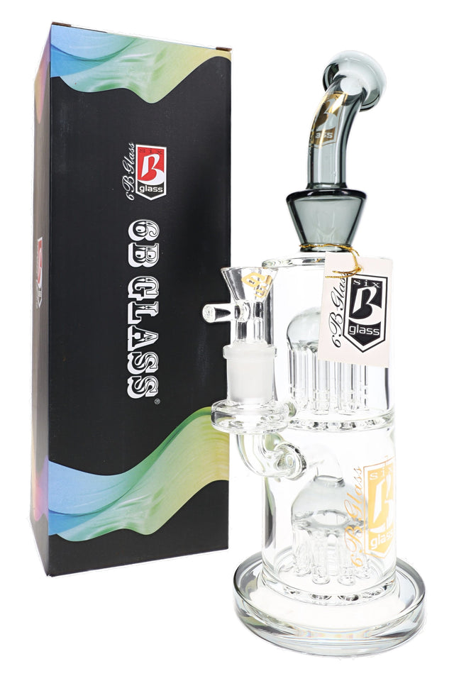 Smoke 6B Glass double tree perc straight bong beside retail box with clear bowl and curved neck