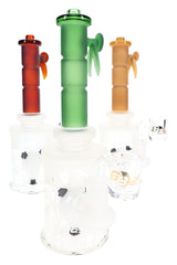 Assorted 6B Glass panda perc dab rigs with frosted bodies, colored necks, and bucket accessories