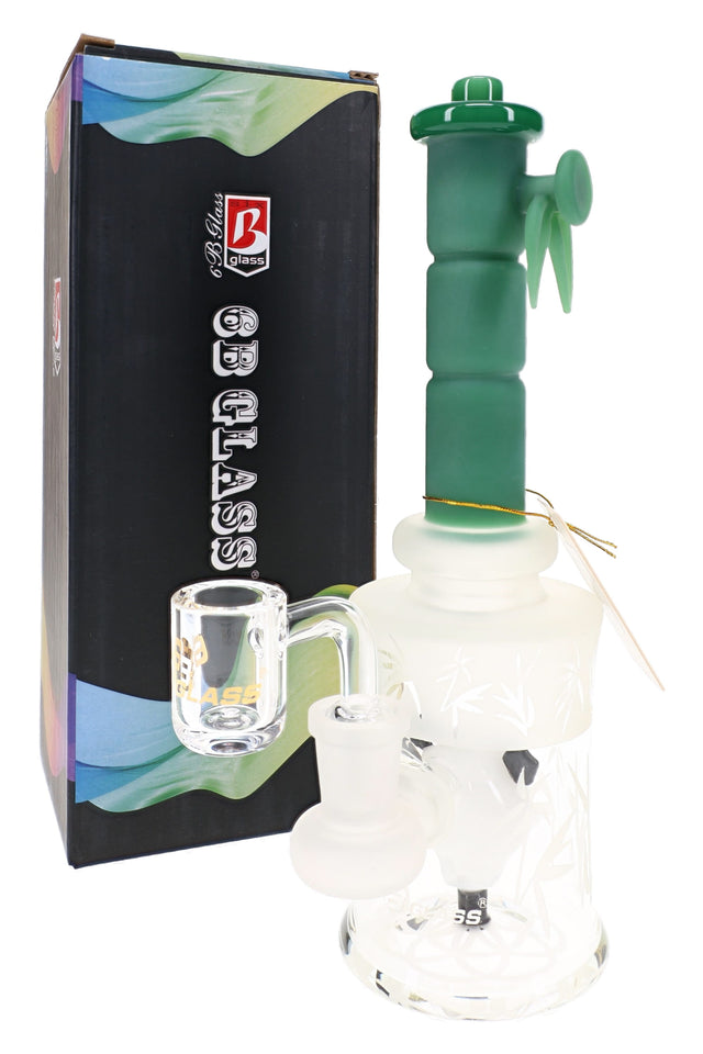 Green 6B Glass frosted panda perc dab rig with bamboo design, bucket accessory, and retail box