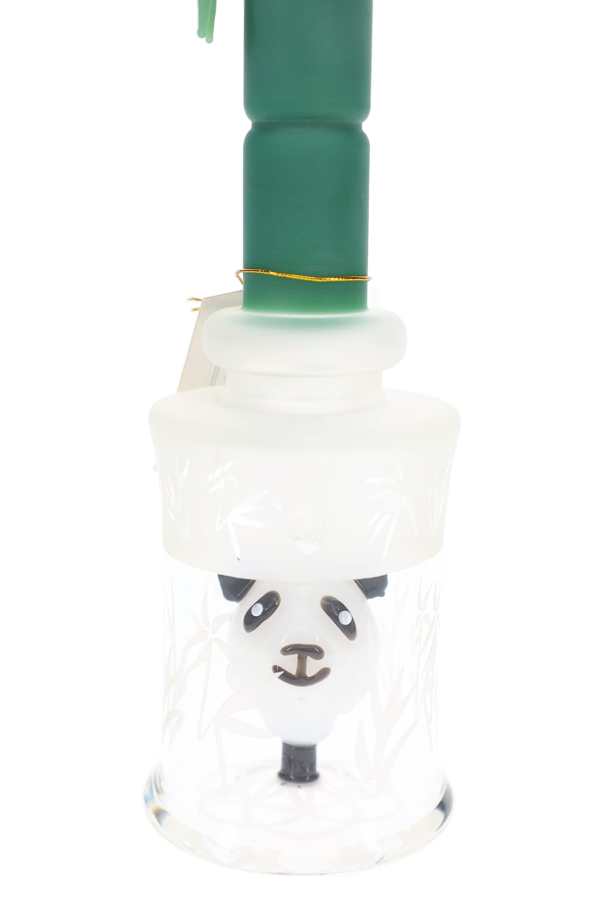 Close-up of green 6B Glass dab rig showing frosted bamboo artwork and panda-shaped percolator